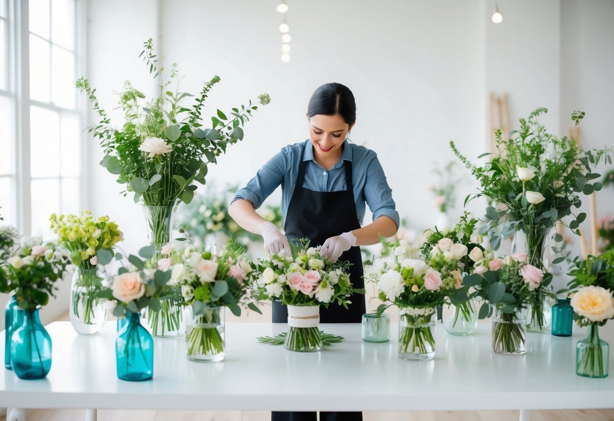 A wedding florist arranging bouquets and centerpieces in a bright, airy studio filled with vases, greenery, and blooms