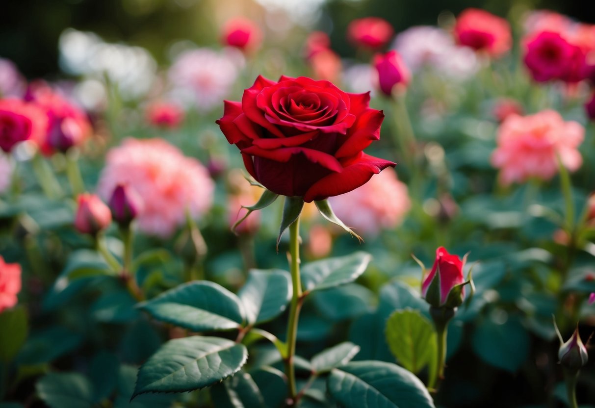 A single red rose stands out among a bed of vibrant, blooming flowers