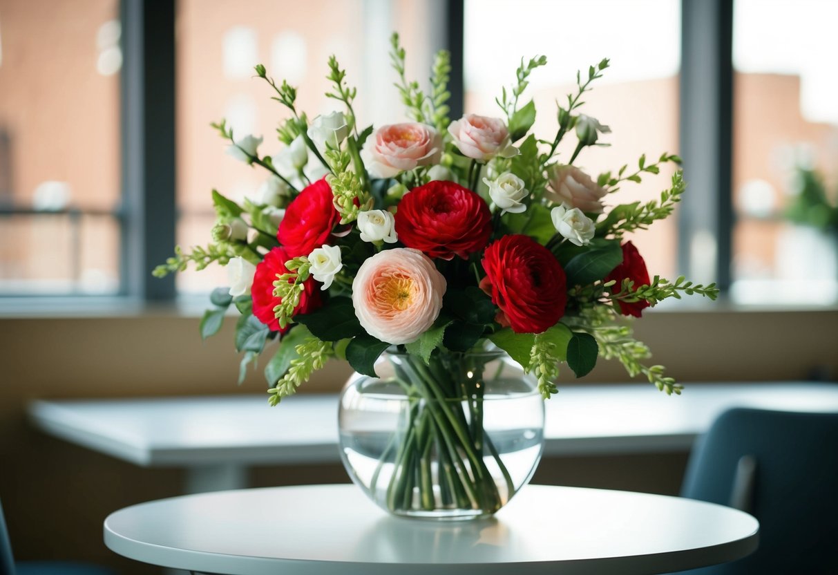 A bouquet of artificial flowers arranged in a vase on a table
