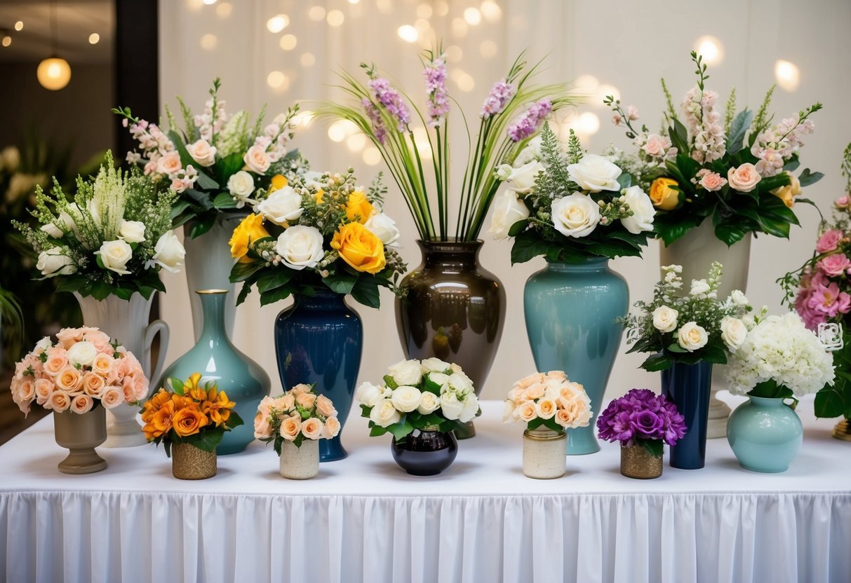 A display of lifelike artificial flowers arranged in a variety of vases and containers, showcasing different styles and color combinations for wedding arrangements