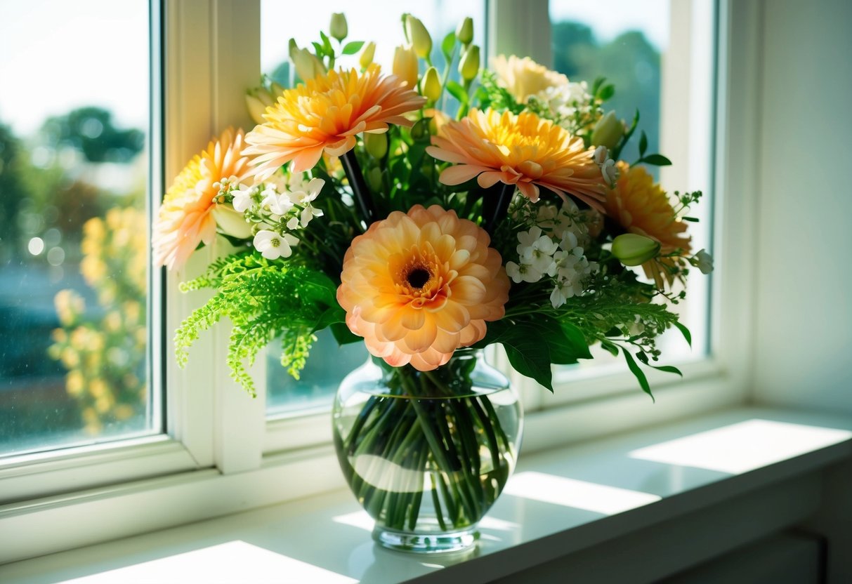 A lush bouquet of artificial flowers arranged in a glass vase on a sunlit windowsill