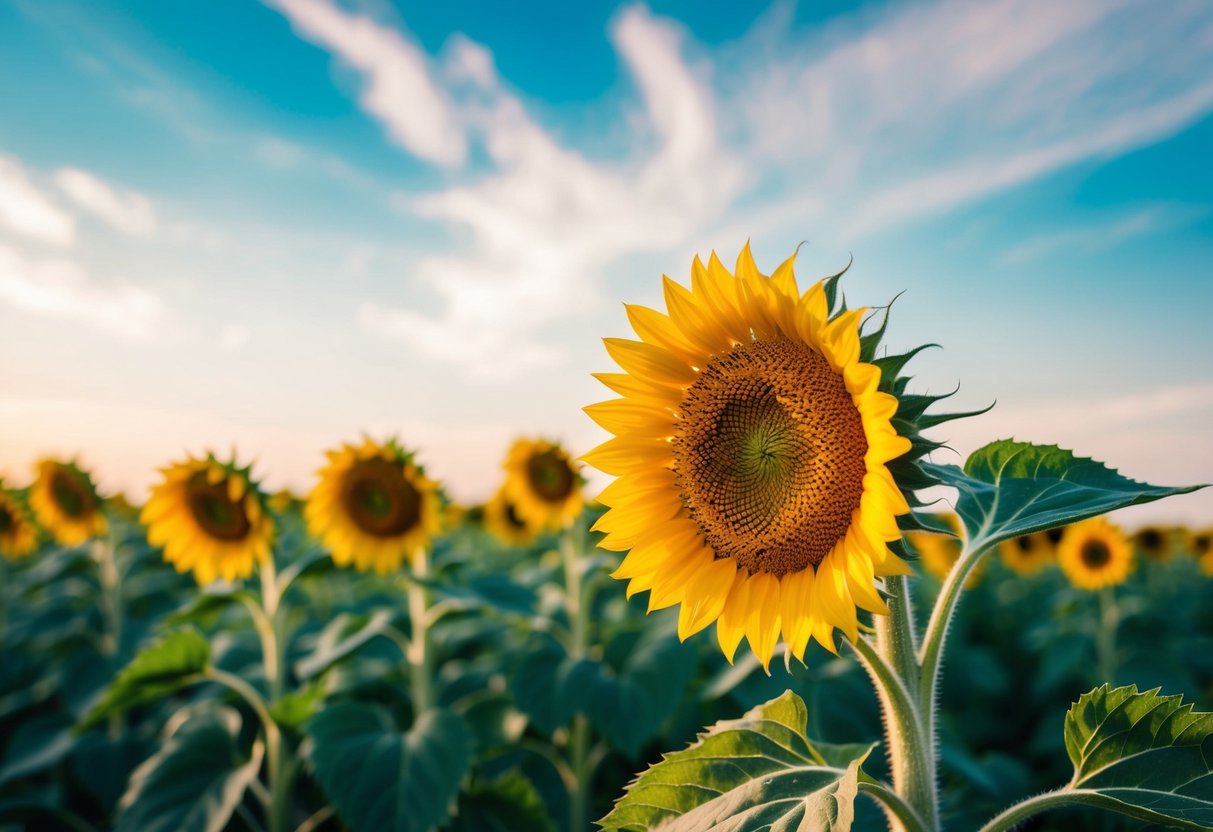 A blooming sunflower reaching towards the sky amidst a field of vibrant green plants