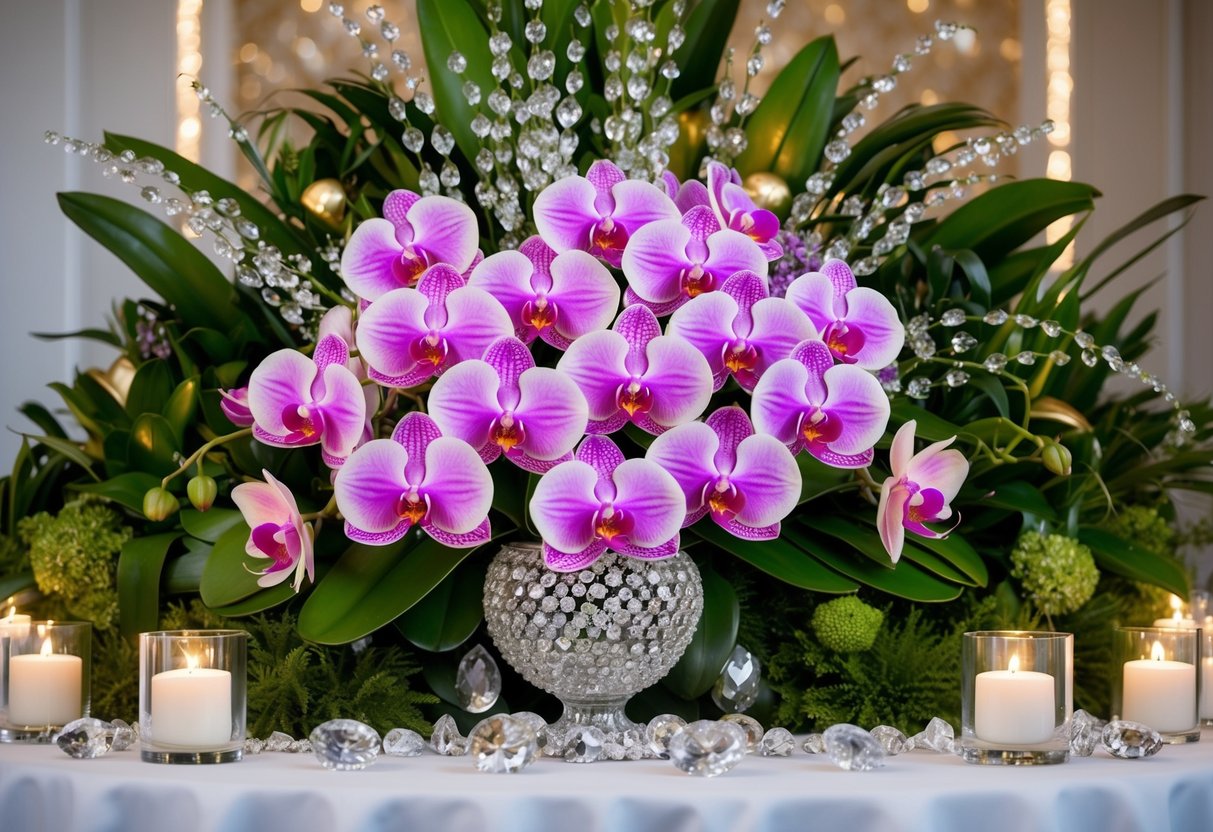 A lavish bouquet of rare orchids, surrounded by opulent greenery and sparkling crystals, exudes an aura of luxury and elegance