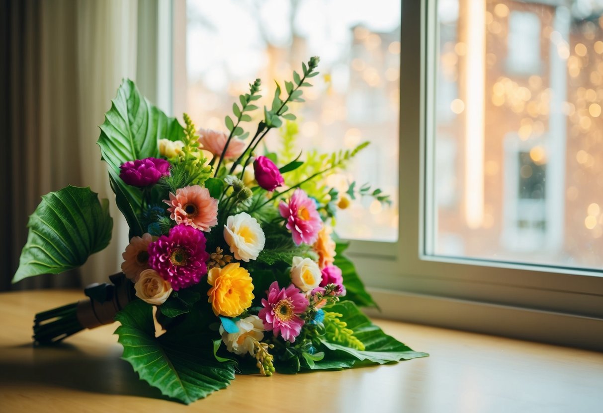 A bouquet of artificial flowers sits on a table, with vibrant colors and intricate details. The light from the window casts a soft glow on the delicate petals and leaves