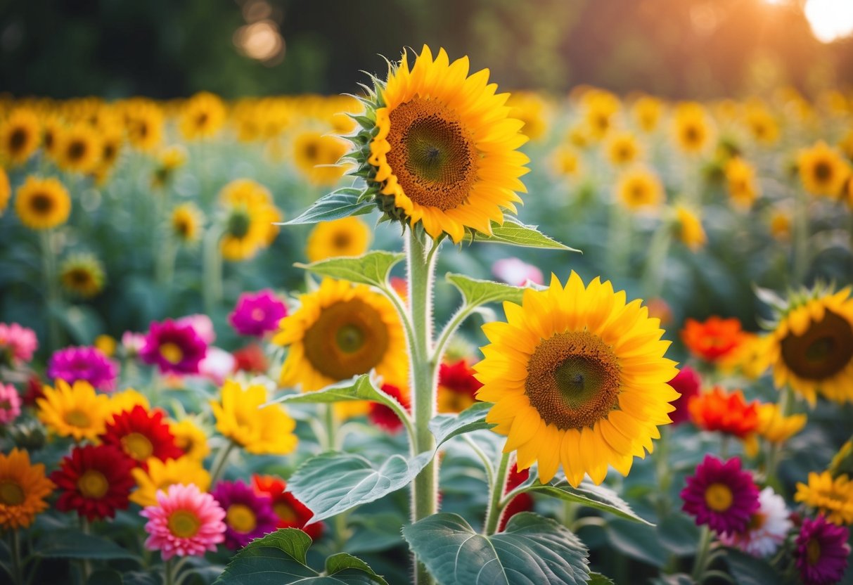 A single sunflower standing tall among a vibrant bouquet of colorful blooms