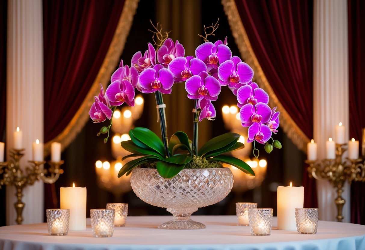 A lavish bouquet of rare, vibrant orchids displayed in an opulent crystal vase, surrounded by soft candlelight and rich velvet drapery