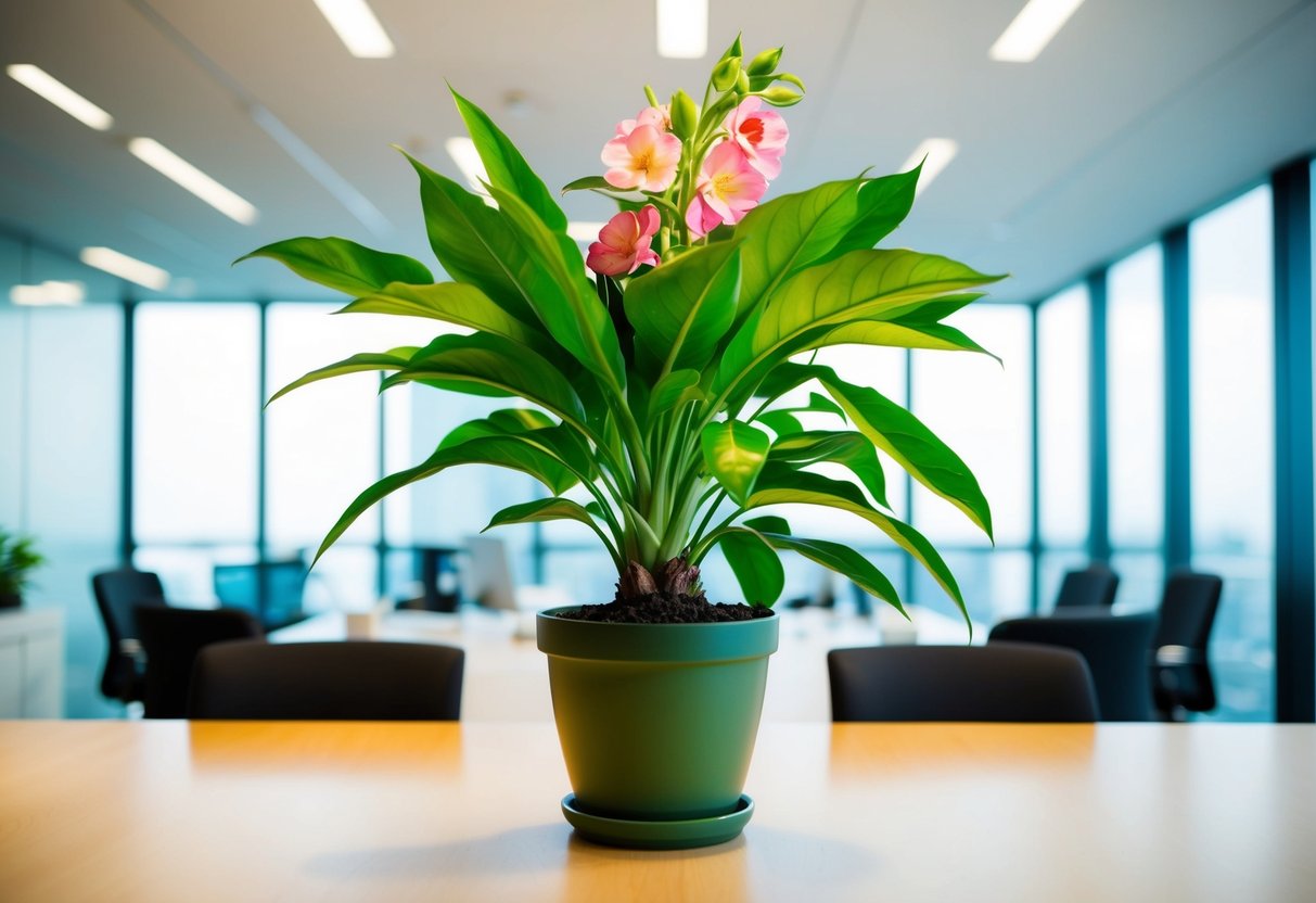 A flourishing potted plant with vibrant green leaves and blooming flowers symbolizes success in a well-lit office space