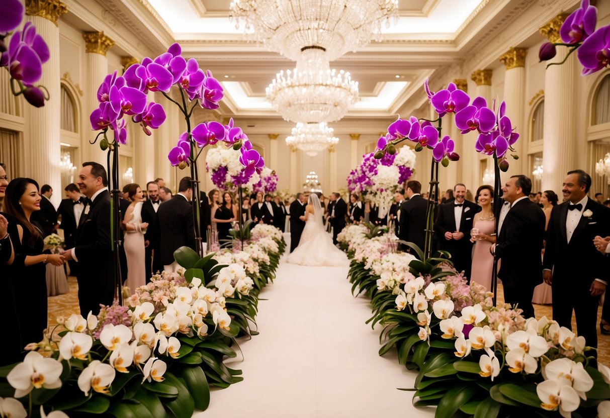 A grand ballroom adorned with opulent arrangements of rare orchids, surrounded by elegantly dressed guests
