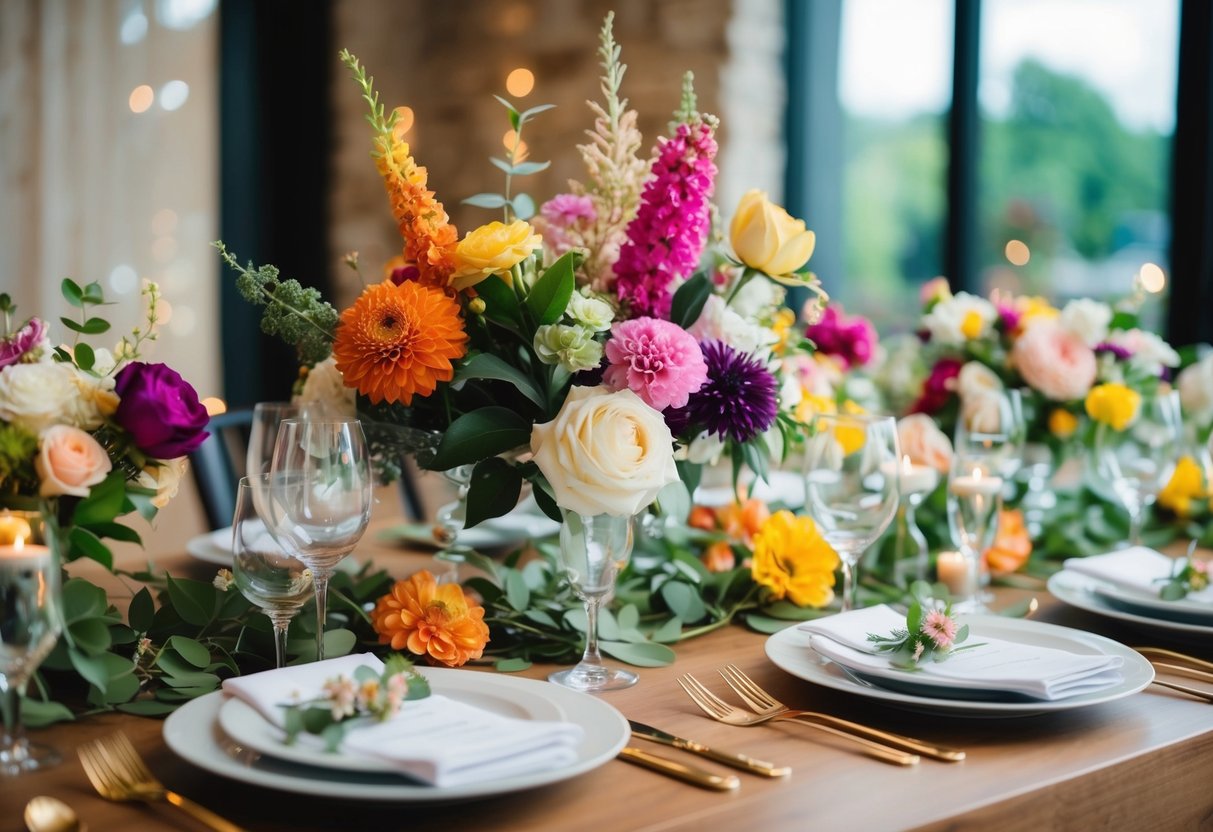A wedding table adorned with a mix of real and artificial flowers in various colors and sizes, creating a vibrant and romantic atmosphere