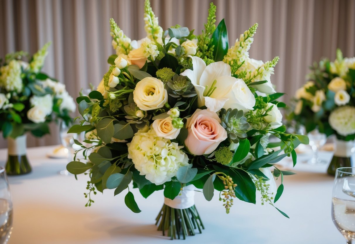 A lush bouquet of fresh and artificial blooms intertwined, adorning a wedding reception table