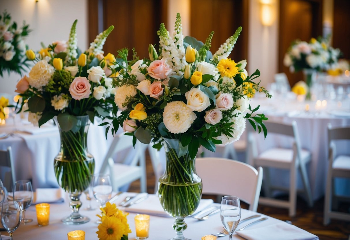 The flowers from the wedding are gathered into large bouquets and placed in vases, adorning the tables at a charity event