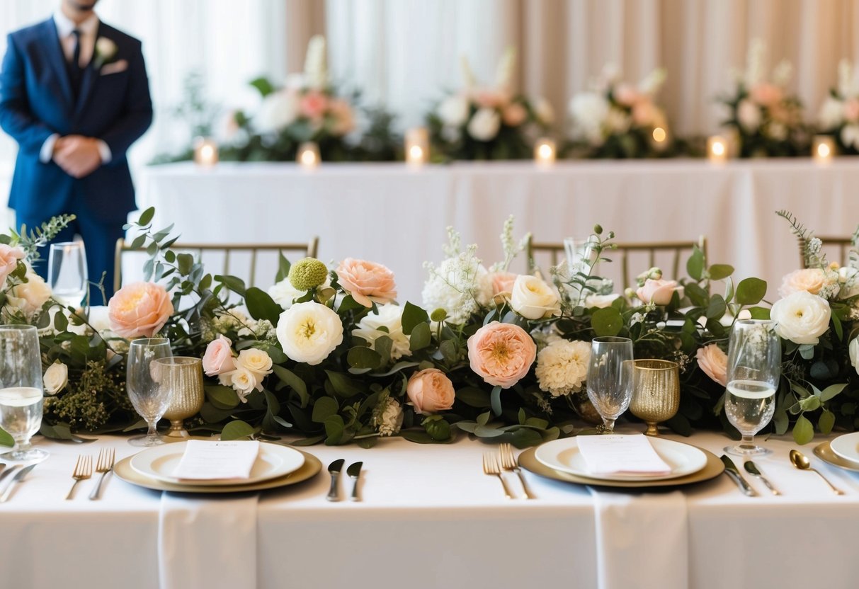 A wedding reception table adorned with a mix of real and fake flowers in complementary colors and styles, creating a cohesive and visually appealing aesthetic