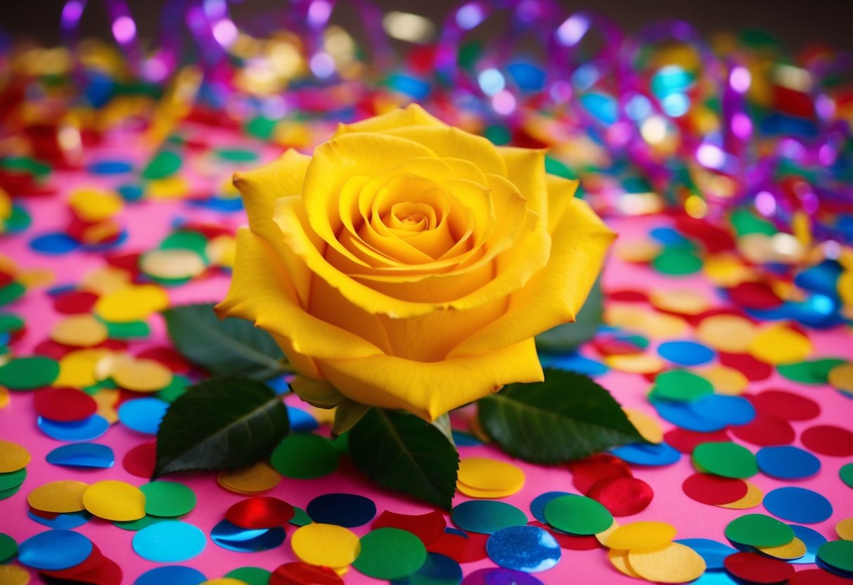 A vibrant yellow rose surrounded by festive confetti and streamers