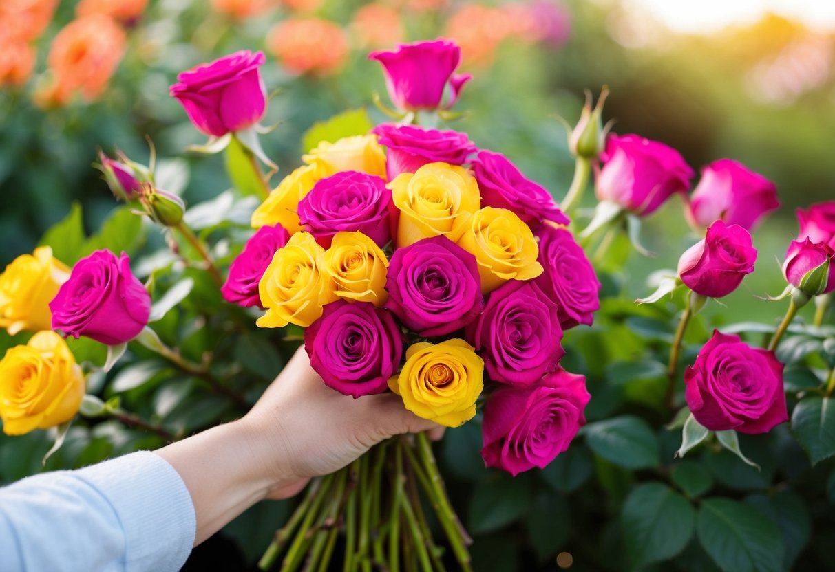 A hand holding a bouquet of vibrant, colorful roses, with a bright and cheerful atmosphere