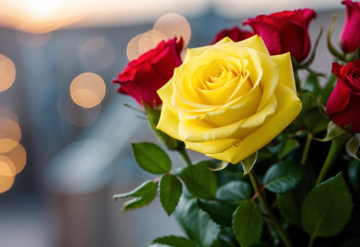 A vibrant yellow rose stands out in a bouquet, symbolizing congratulations