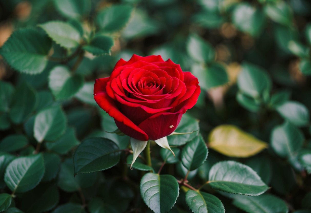 A blooming red rose nestled in a bed of green leaves, symbolizing love and marriage