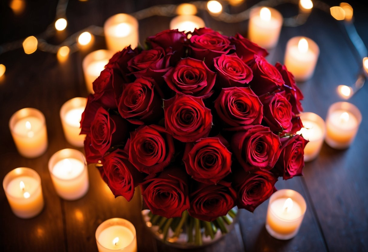 A bouquet of red roses surrounded by soft candlelight