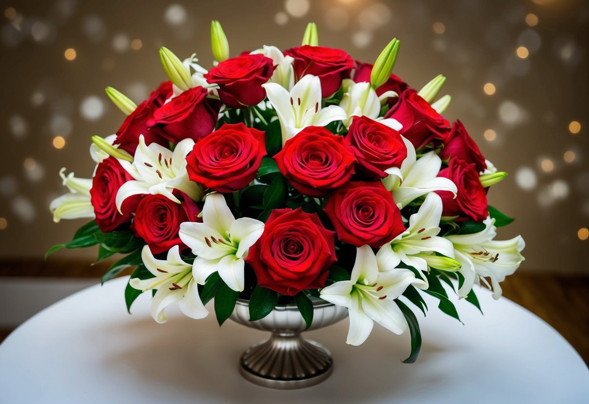 A vibrant bouquet of red roses, symbolizing love, surrounded by white lilies, representing marriage, arranged in an elegant vase