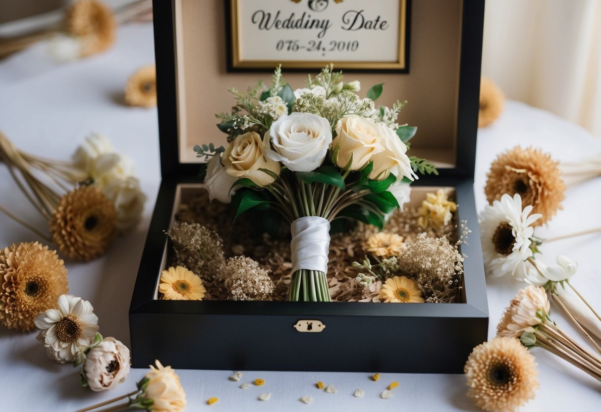A fake wedding bouquet is carefully placed in a decorative shadow box, surrounded by dried flowers and framed with a personalized wedding date plaque