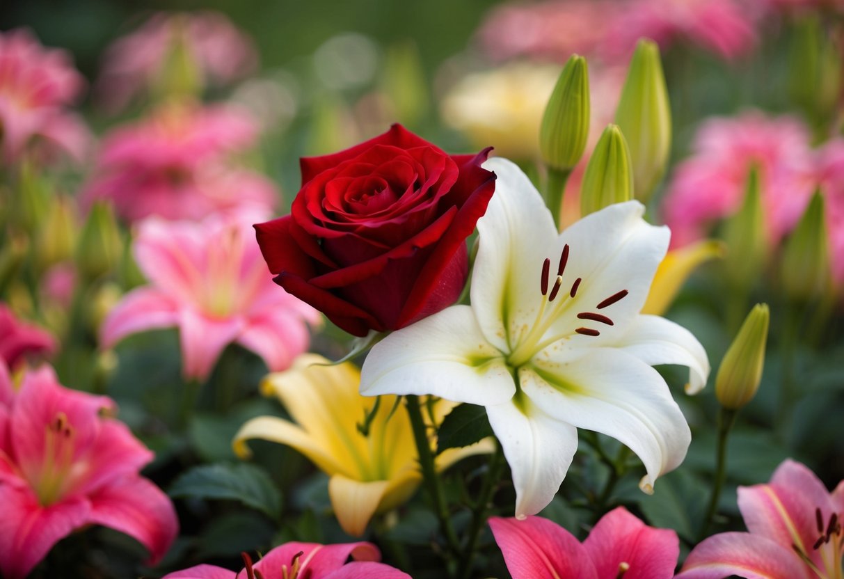 A red rose and white lily intertwined, surrounded by smaller pink and yellow flowers