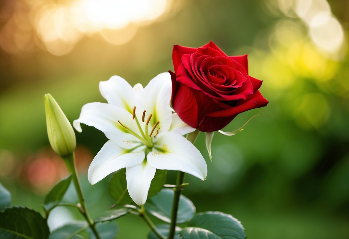 A red rose and white lily intertwined, symbolizing love and marriage