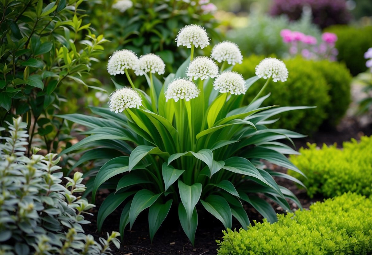 A bride plant with delicate white flowers and lush green foliage, surrounded by a well-maintained garden with other ornamental plants and shrubs