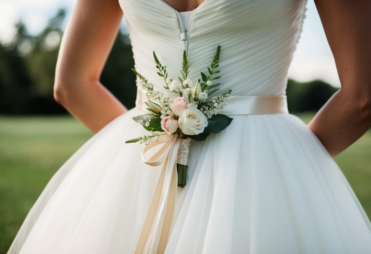 A corsage is pinned to a flowing white wedding gown, adorned with delicate flowers and ribbons, symbolizing love and unity
