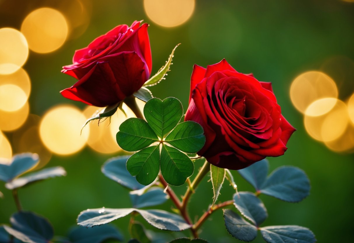 A blooming red rose entwined with a four-leaf clover, surrounded by shimmering golden light