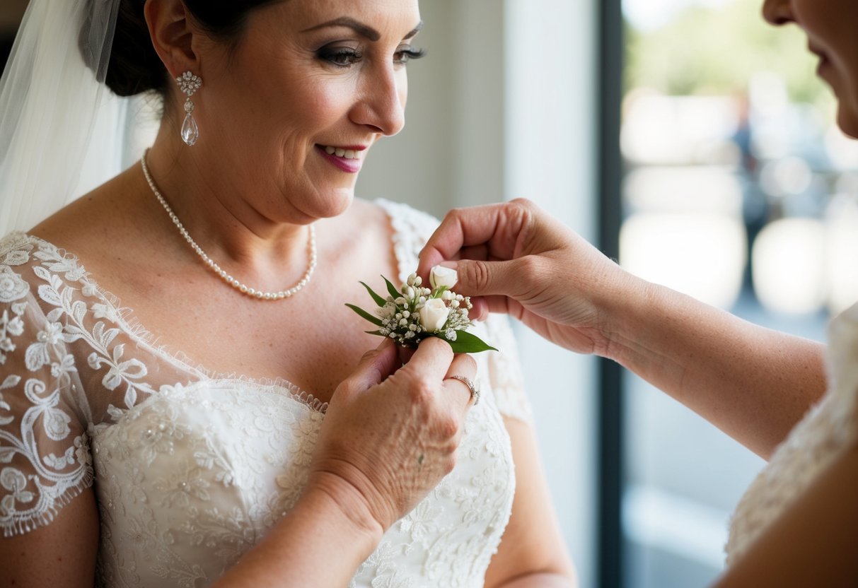 A bride's mother pins a delicate corsage onto her dress before the wedding ceremony