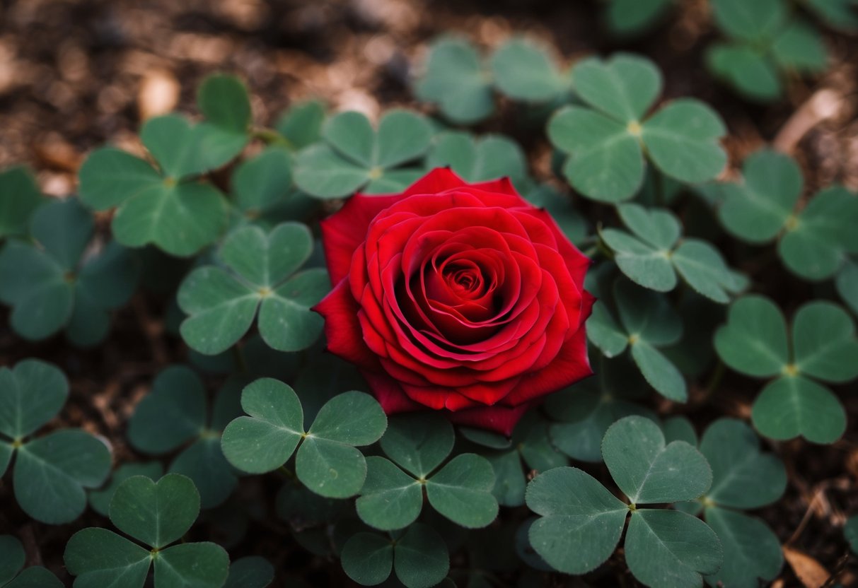 A blooming red rose nestled among four-leaf clovers