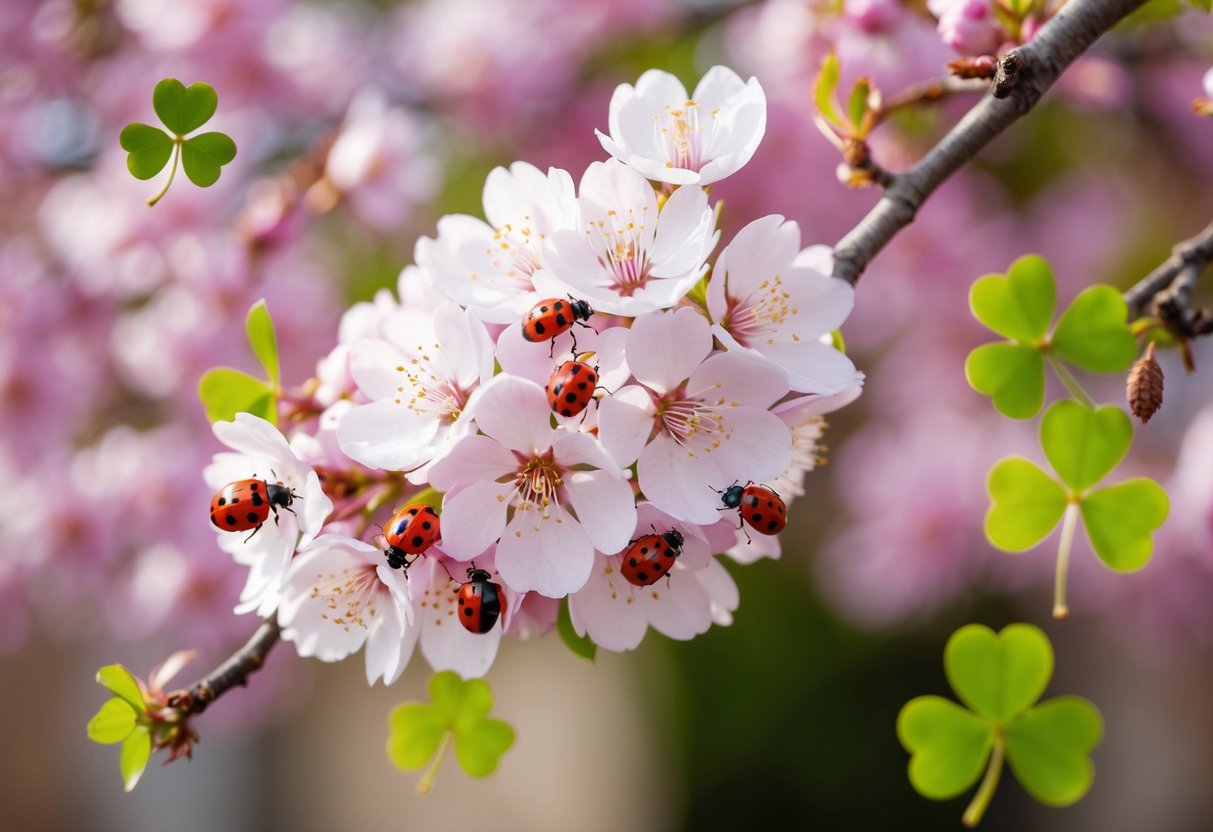 A blooming cherry blossom tree surrounded by four-leaf clovers and ladybugs