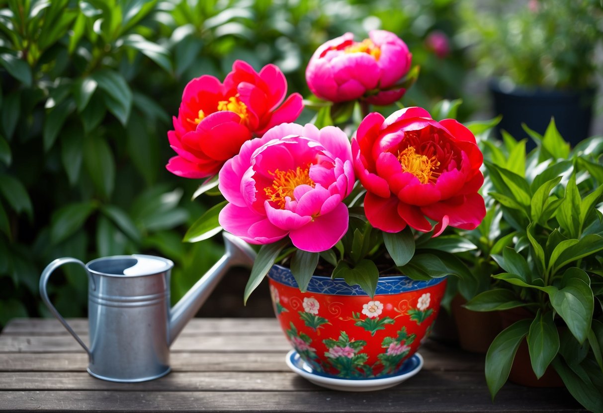 A vibrant red and pink peony blooms in a decorative pot, surrounded by lush green foliage. A small watering can sits nearby, ready to nourish the lucky flower