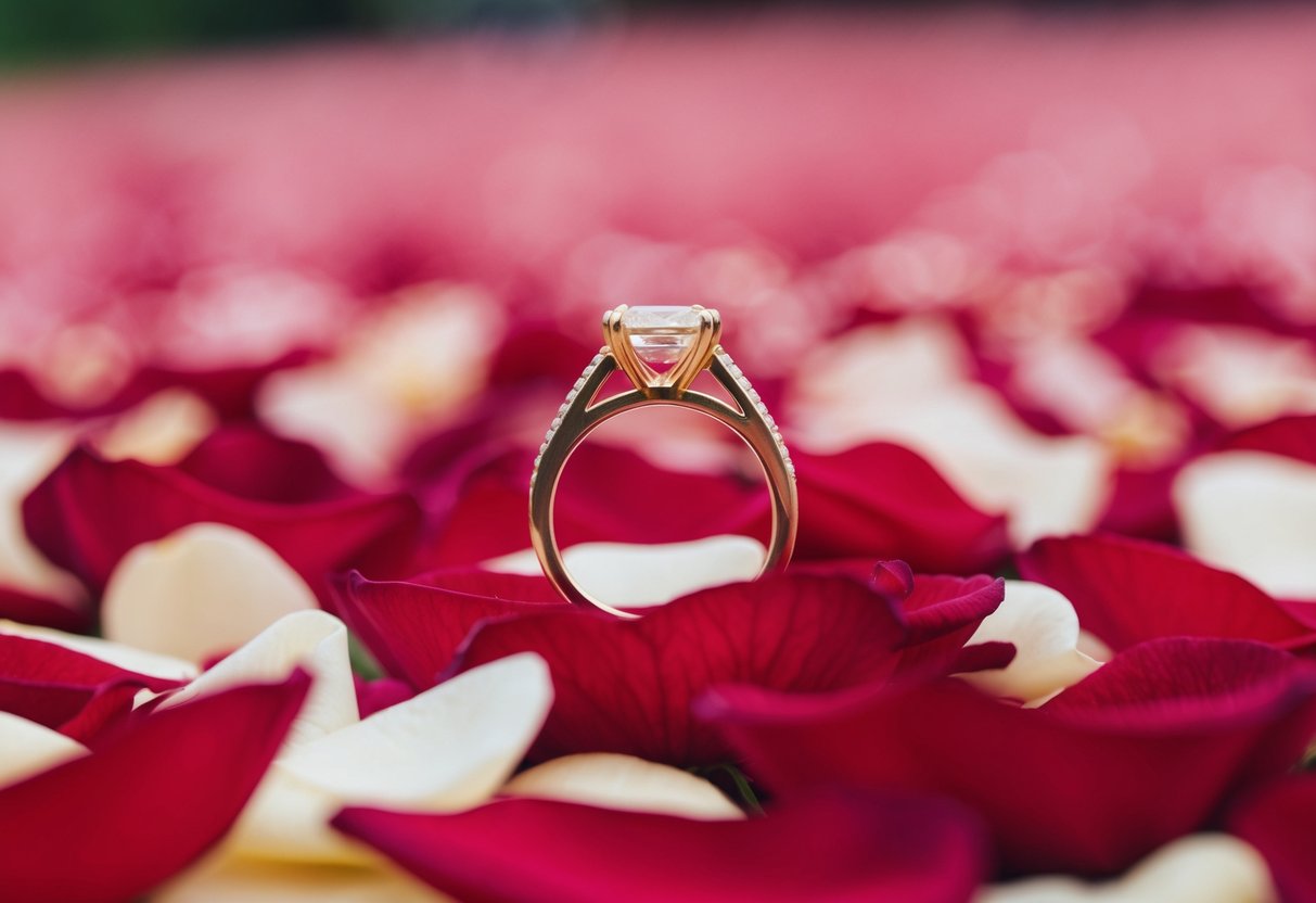 A golden wedding ring resting on a bed of rose petals