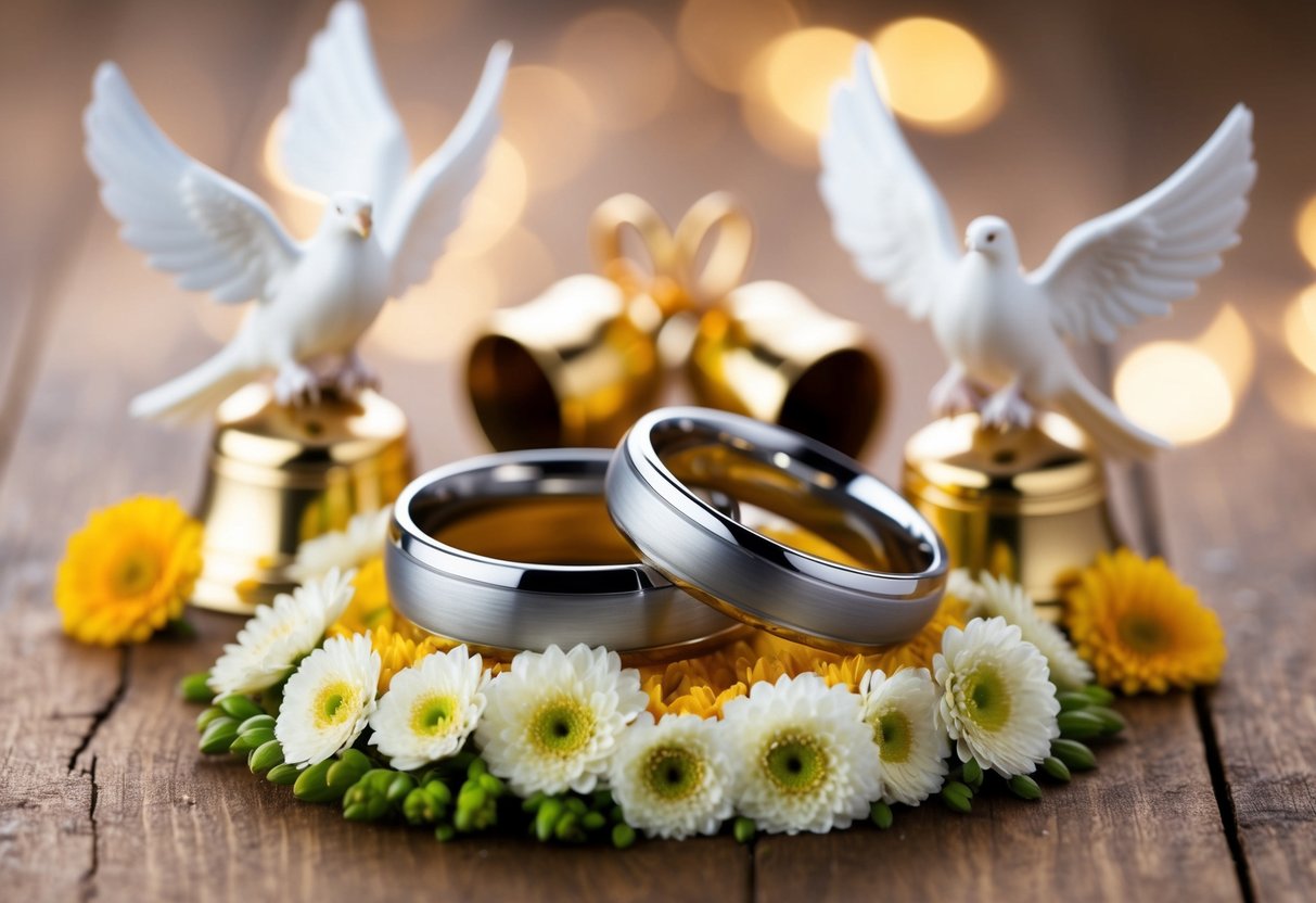 A pair of entwined rings resting on a bed of flowers, surrounded by traditional wedding symbols like doves and bells