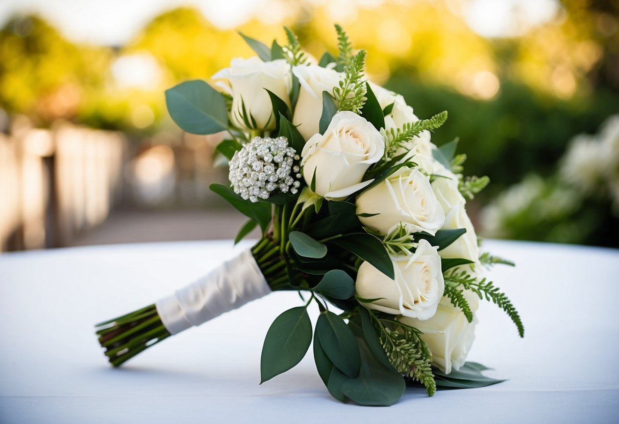A bridal bouquet with a corsage attached to it