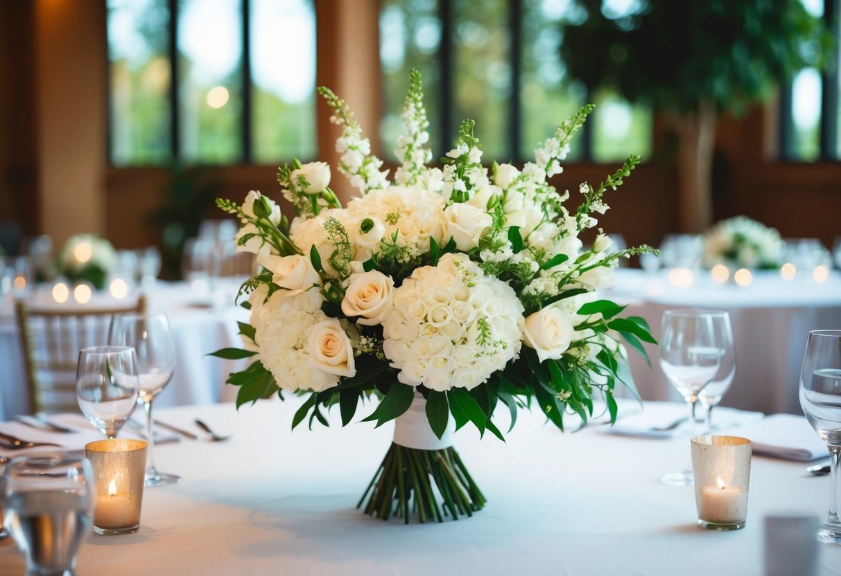 A white flower bouquet arranged on a table, surrounded by wedding decorations