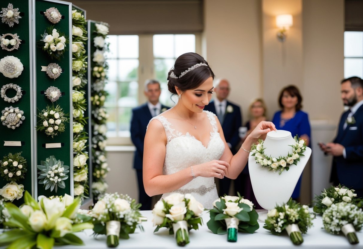 A bride standing in front of a display of various corsages, carefully examining each one before making her selection