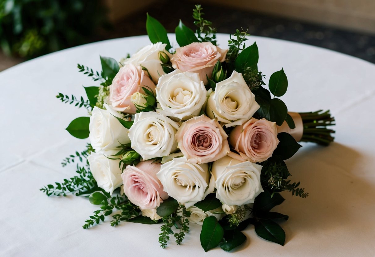 A bouquet of white and blush pink roses, surrounded by greenery, sits on a table