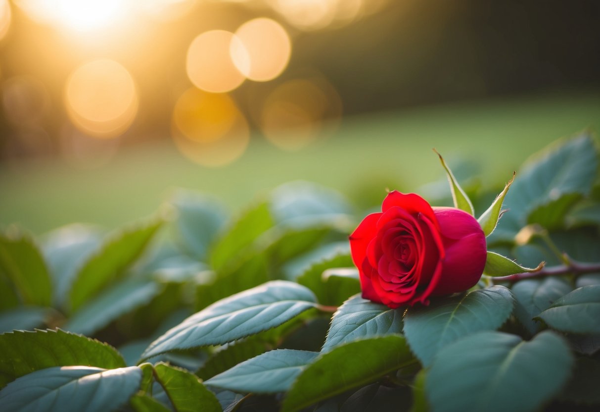 A single red rose lying on a bed of green leaves, bathed in soft, warm sunlight