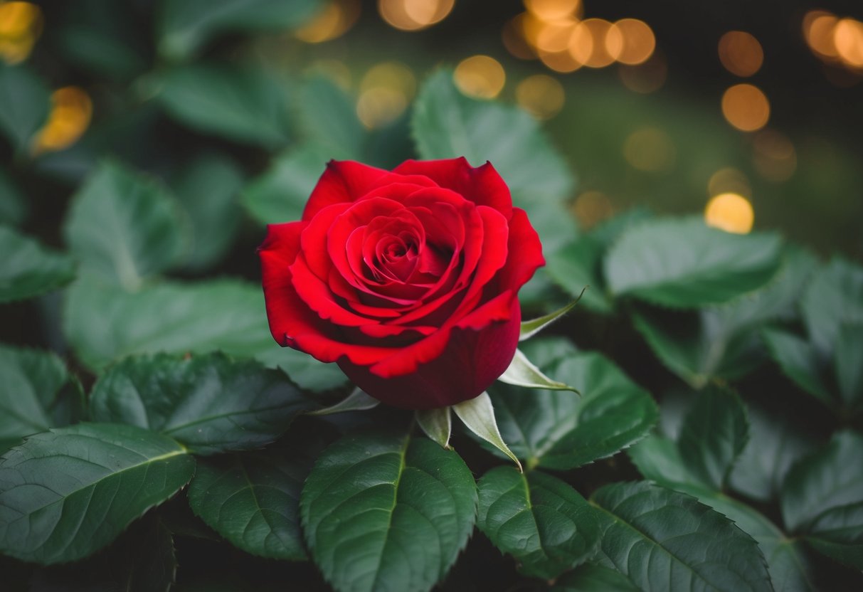 A red rose resting on a bed of green leaves, symbolizing eternal love