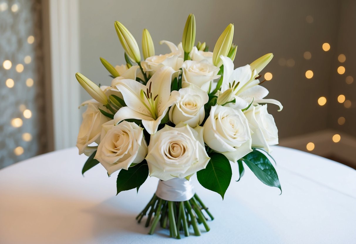 A bride's bouquet of white roses and lilies placed on an elegant table