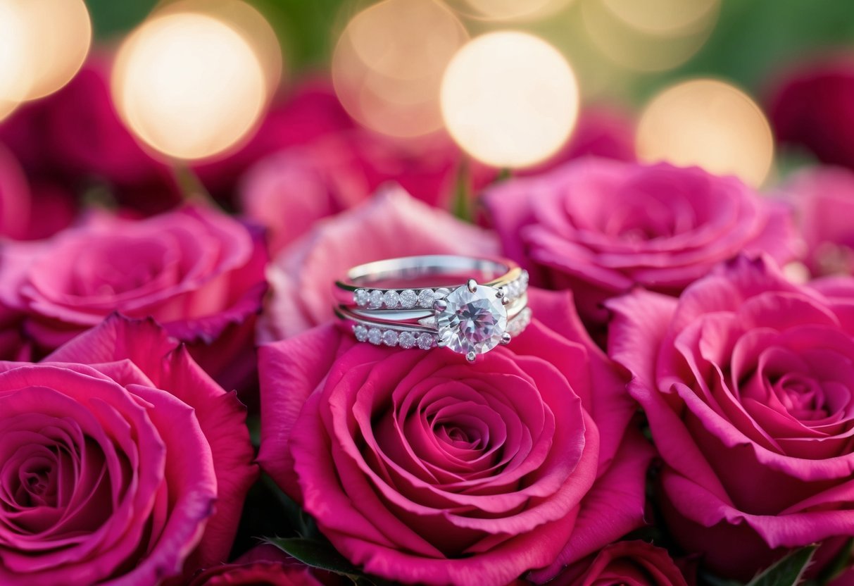 A wedding ring resting on a bed of roses