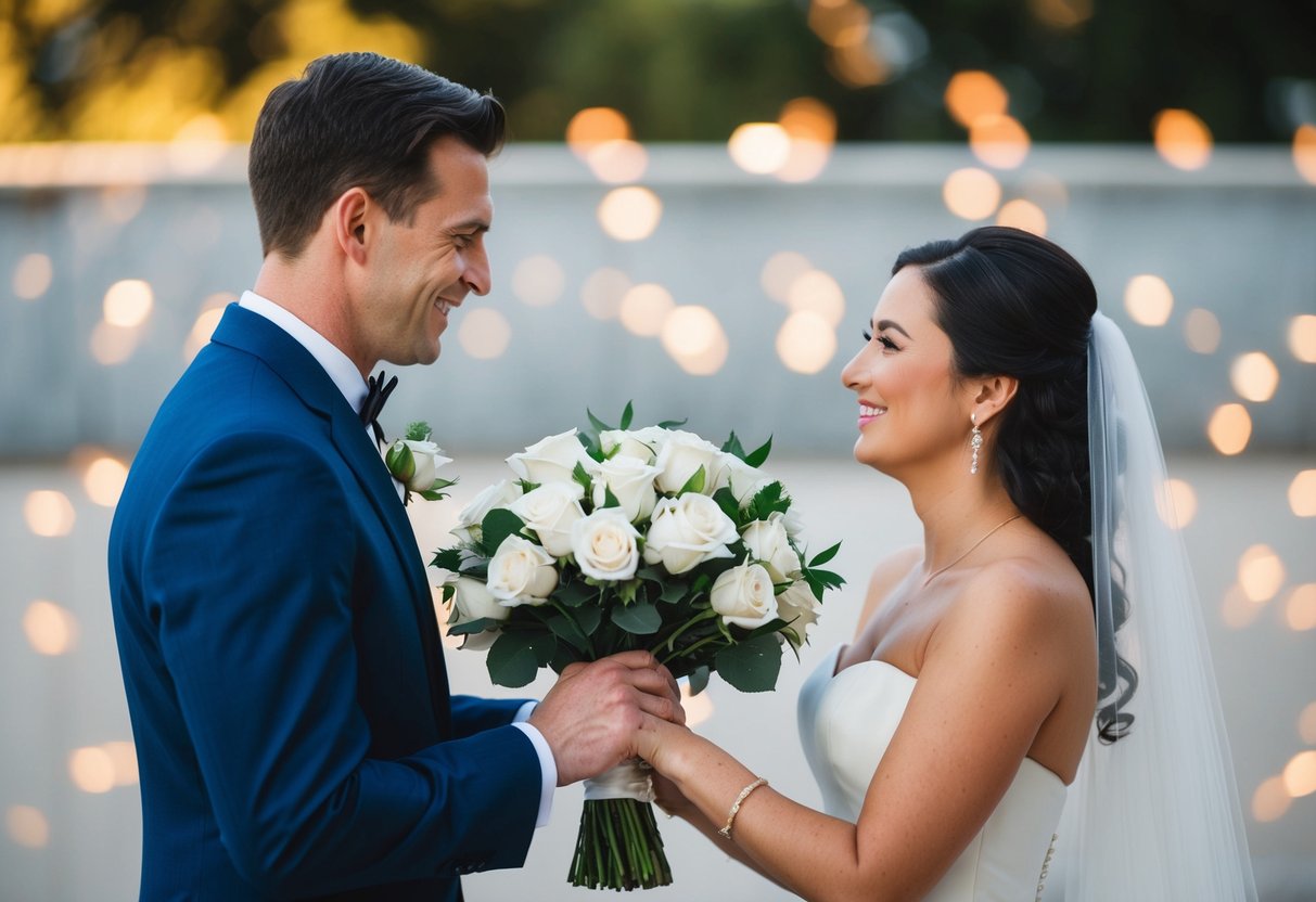 A bride and groom exchanging a bouquet of white roses