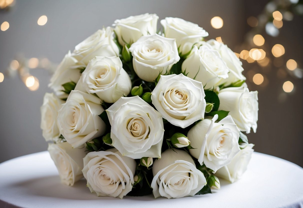 A beautiful bouquet of white roses, symbolizing purity and unity, is the official wedding flower