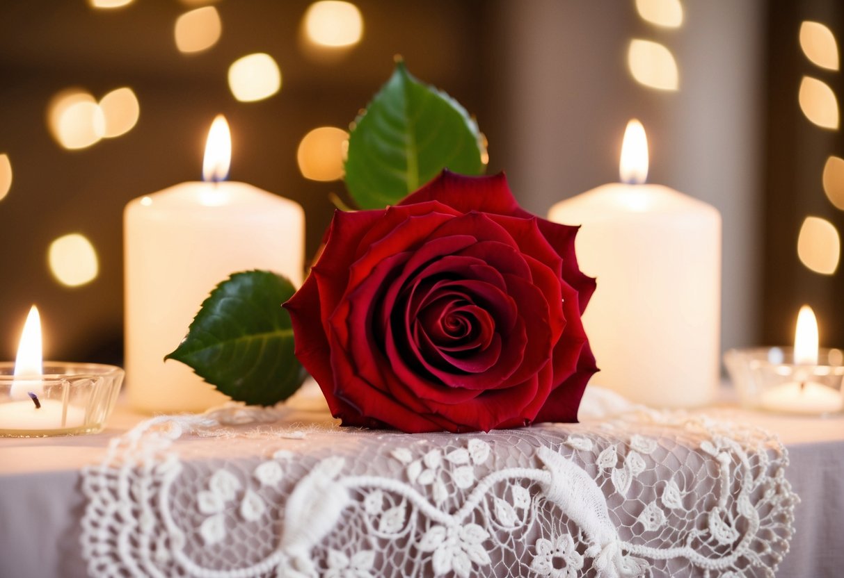 A red rose placed on a wedding altar, surrounded by soft candlelight and delicate lace
