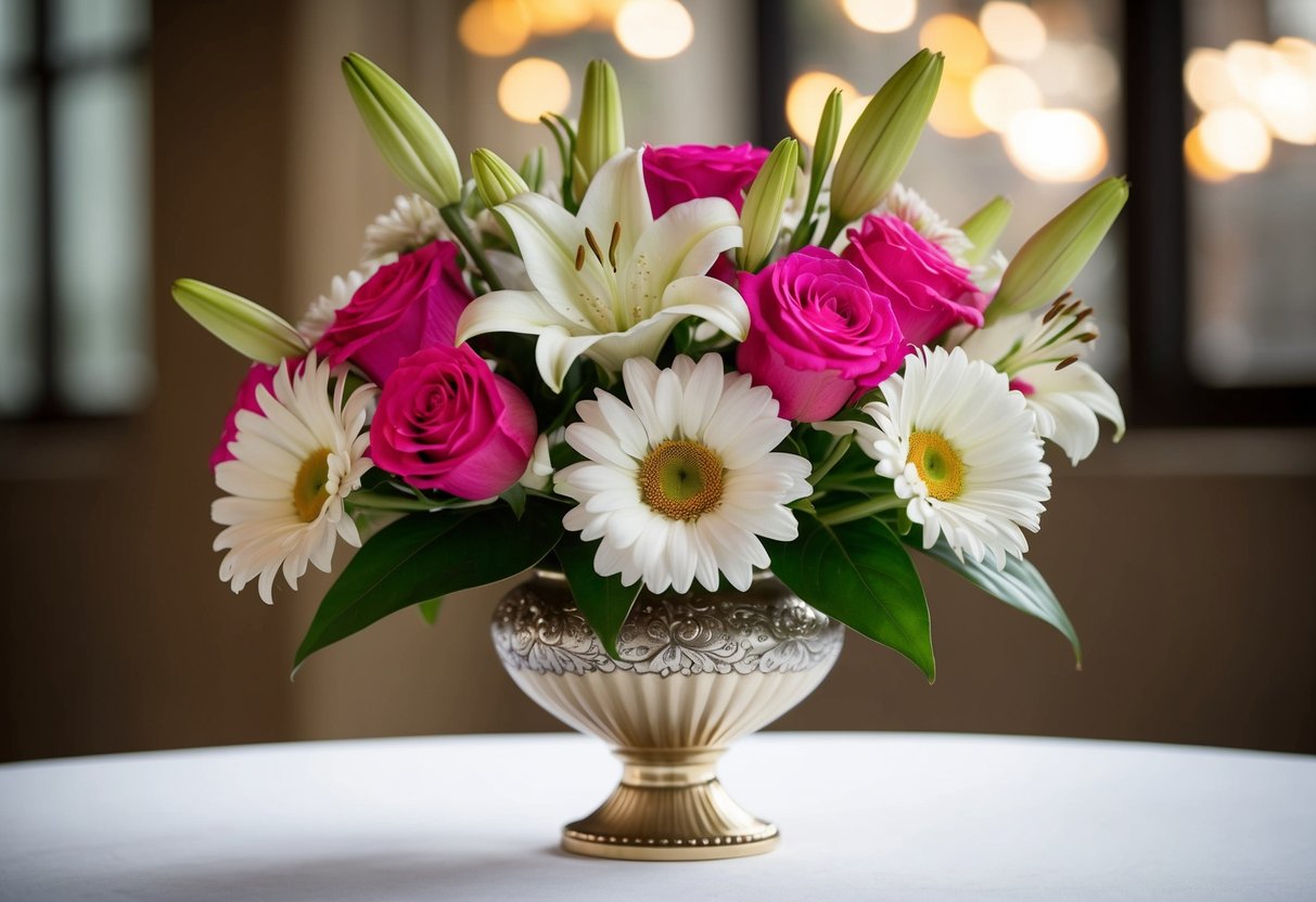 A bouquet of roses, lilies, and daisies arranged in a decorative vase, symbolizing the traditional wedding flowers for different anniversary years