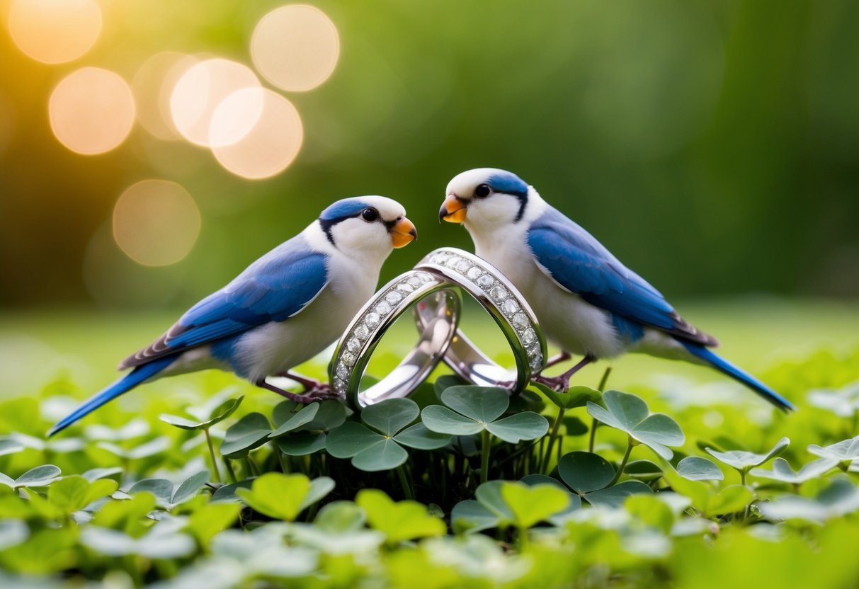 A pair of entwined wedding rings resting on a bed of clover and surrounded by a pair of lovebirds