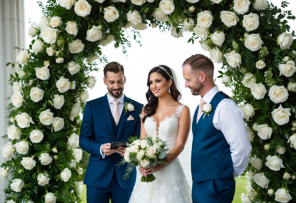 A bride and groom stand in front of a floral arch adorned with white roses, the official wedding flower, as they plan their floral arrangements
