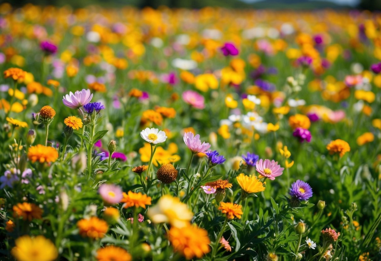 A vibrant field of blooming wildflowers, with a variety of colors and shapes, basking in the warm sunlight