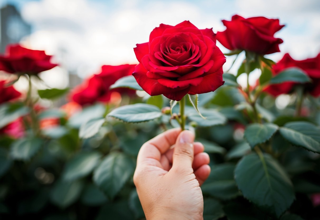 A hand holding a blooming red rose